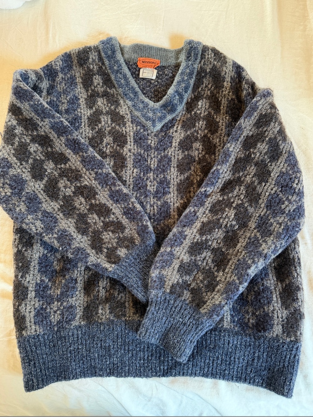 Missoni Vintage  Blue & Gray Patterned V-Neck Sweater